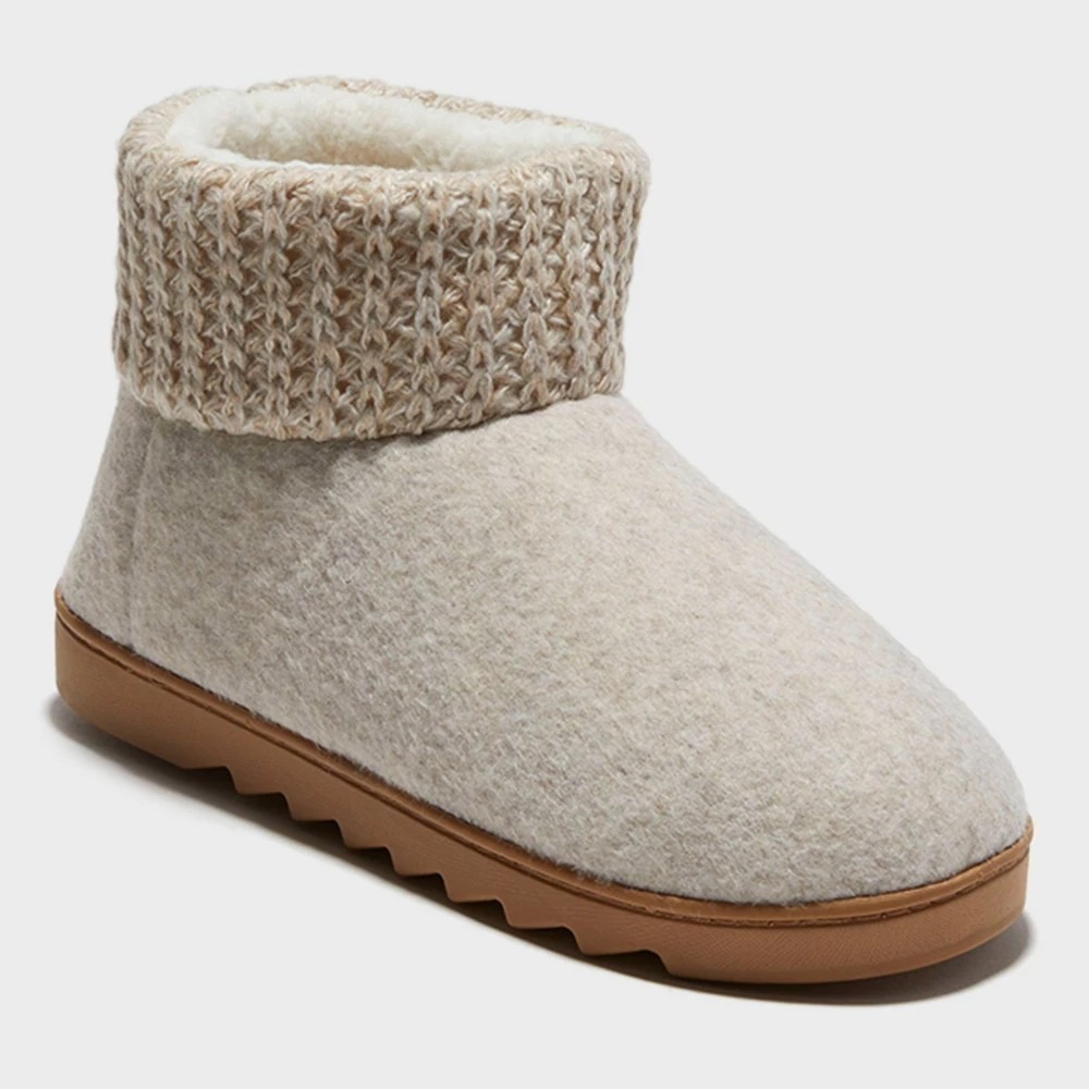 Dearfoams Womens Bootie Slippers XL Cream Knit Cuff Faux Fur House Shoes NWT